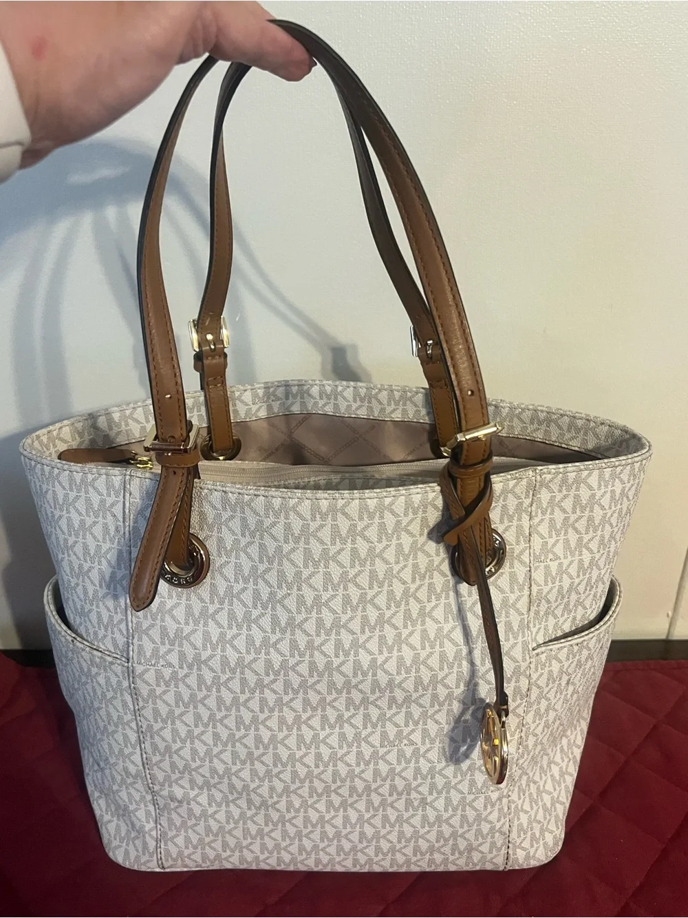 Michael Kors Beige/White Logo Tote with Brown Leather Handles